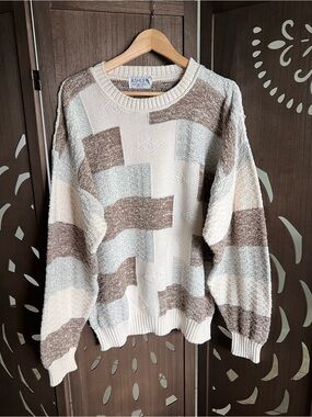Ashley By 26 International Cream, Brown & Light Gray Geometric Crewneck Sweater
